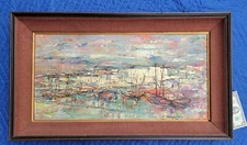 50s MCM ABSTRACT IMPRESSIONIST Painting SIGNED-Boat/Harbor/Palette Knife/Impasto