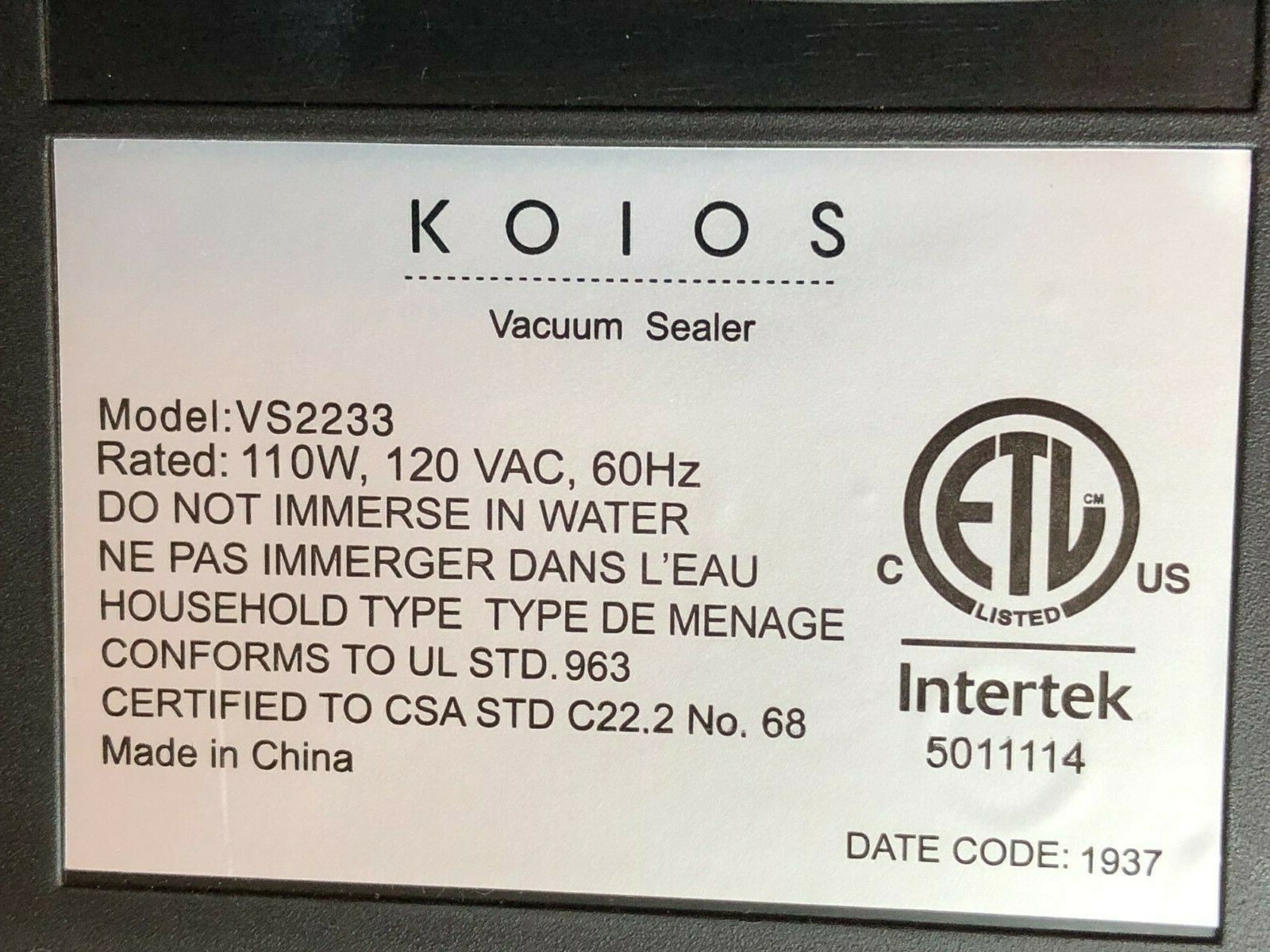 KOIOS Vacuum Sealer, Dry/Wet, VS2233 Tested and Working eBay