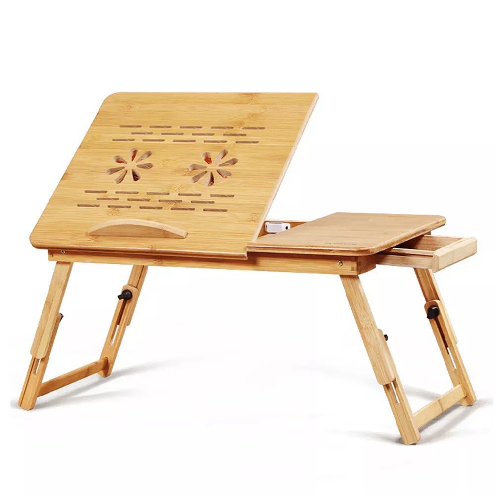 Bamboo Laptop Desk Stand Large Folding Bed Table Adjustable