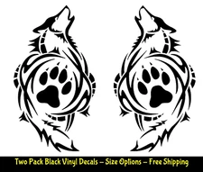 Tribal Wolf Howling Paw Print Two PK Black Vinyl Decal Car Tablet Tumbler Laptop