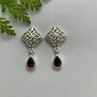 Pretty Sterling Silver Garnet Celtic Knot Drop Earrings January Birthstone