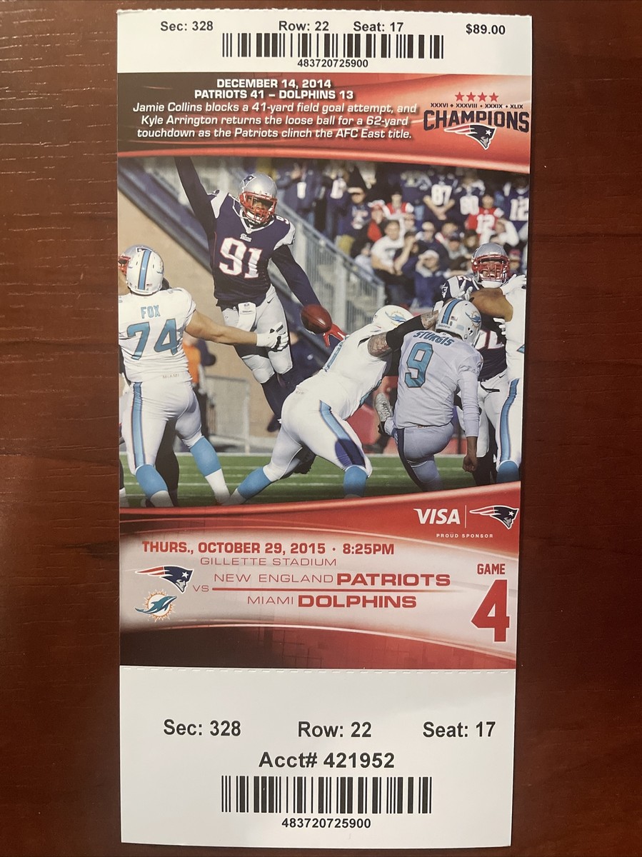 New England Patriots vs Miami Dolphins 10-29-2015 NFL Ticket Stub 