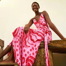 Farm Rio Octocool Wrap Dress V-Neck Ruffled Detail Asymmetric Hem Pink sz L $235