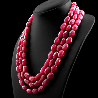 1040.00 CTS EARTH MINED RICH RED RUBY 3 STRAND OVAL FACETED BEADS NECKLACE (DG)