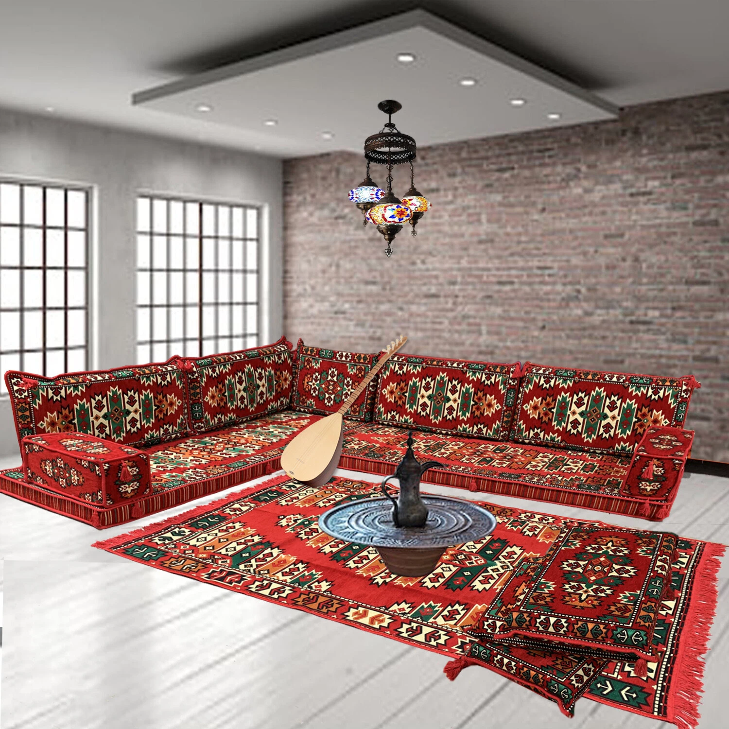 Majlis floor seating,corner sofa set,floor couch,kilim rug,carpet,bohemian decor