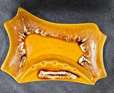 Golden Brown Drip Glaze Table Ashtray 12" x 9" Mid Century Retro Vintage