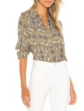 Women AUTH L'Agence Satin Silk Long Sleeve Printed Silk Shirt Blouse Top