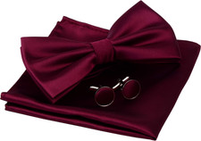 Mens Solid Color Double Fold Pre-Tied Bow Tie and Pocket Square Cufflink Set wit