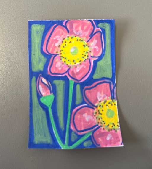 ACEO original art card Iowa State Flower Wild Prairie Rose (15/50) pink, green