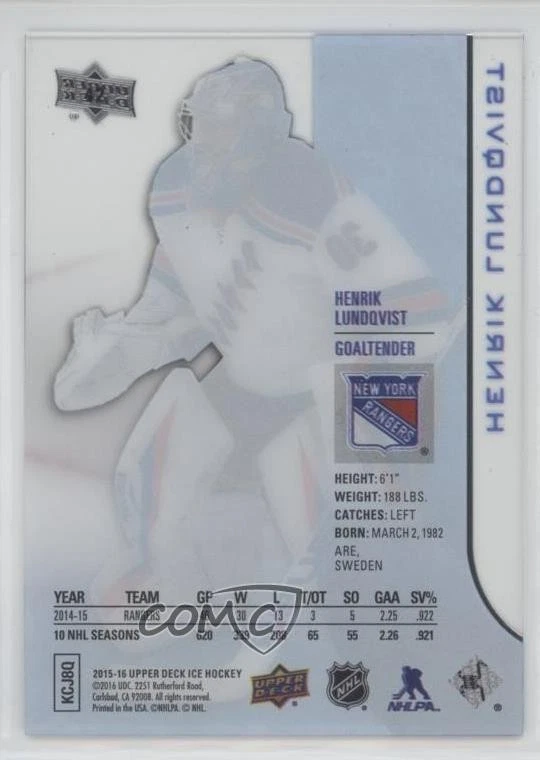2015-16 Upper Deck Ice Henrik Lundqvist #42 HOF - Image 2 of 2