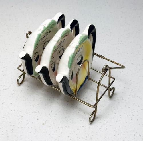 VTG Teapot Face Tea Bag Holders "I Will Hold the Bag" Set w/ Wire Rack - Picture 2 of 6