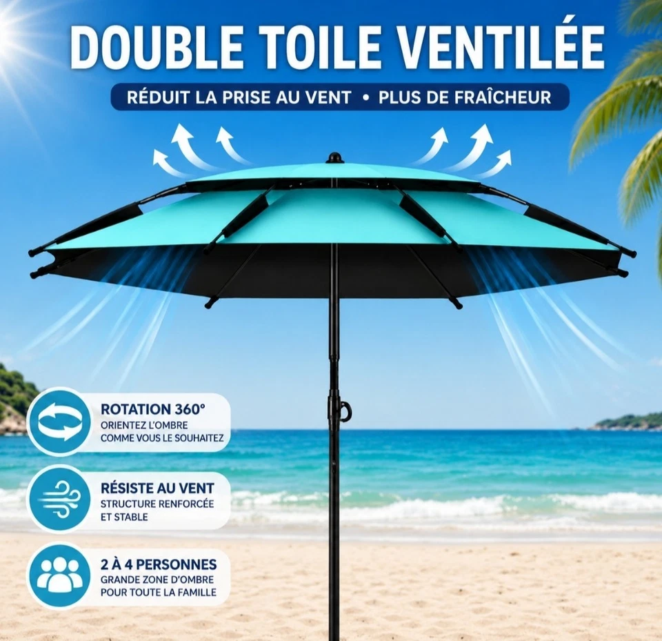Parasol de Plage Pêche Double Toile 360° Anti-Vent UV 200 cm Réglable Premium - Photo 1/4