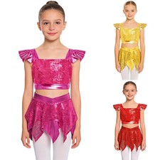 Kids Girls Dress Sparkling Crop Top Cutout Dancewear Tango Costume Samba Skirt