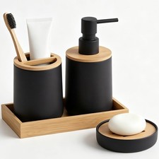 Bathroom Accessories Set 4 Piece Luxury Bamboo 4PC Bath Set, Black