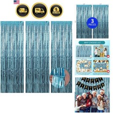 3 Pack 3.3 x 9.9 ft Light Blue Foil Fringe Backdrop Curtain, Streamer Backdro...