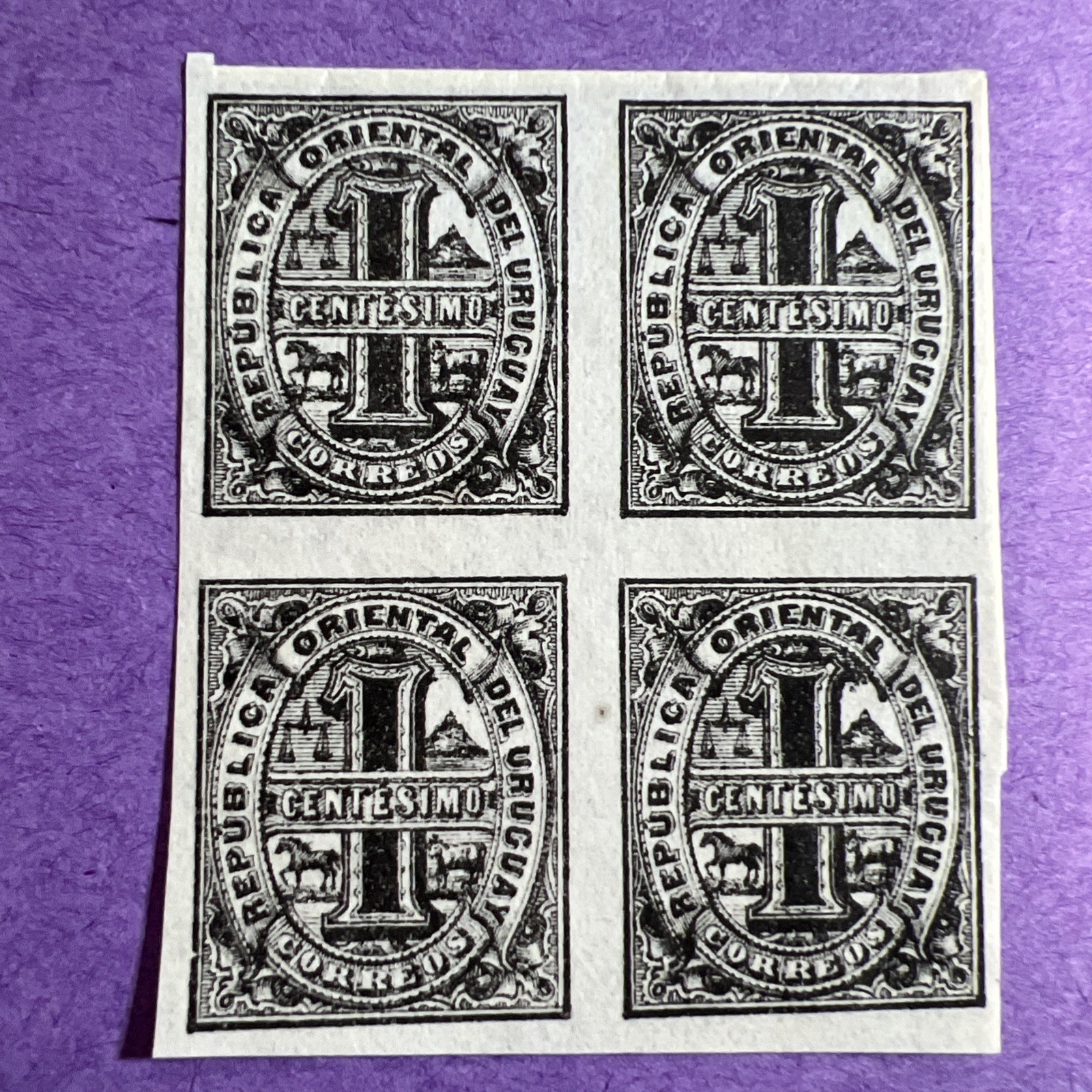 Uruguay 1866 -MNG Scott 29. Type II. Block of 4. Coat of Arms and Numeral Value.