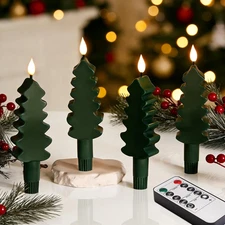 Green Christmas Tree Flameless Taper Candles with Remote, Short Battery LED Wax