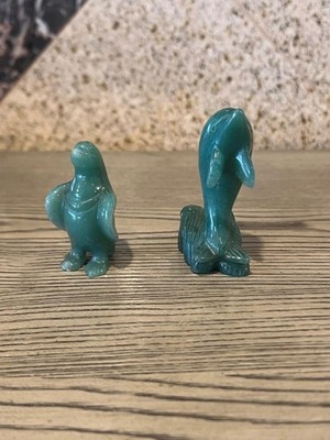 Vintage Hand Carved Crystal Green Aventurine Jade Dolphin & Penguin Figurine Set