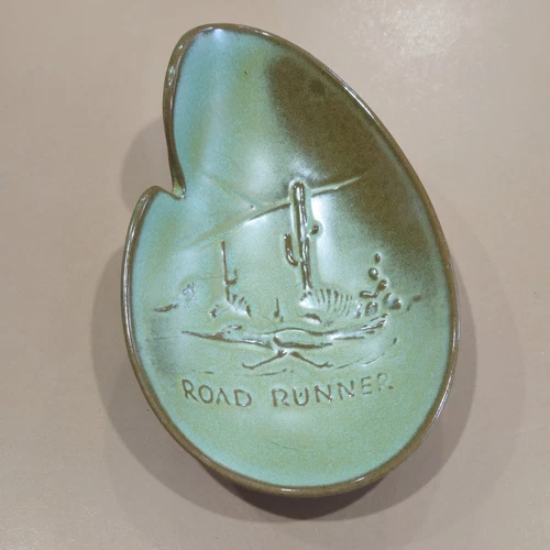 Vintage Frankoma 466 Road Runner Ashtray RARE Green Trinket Dish