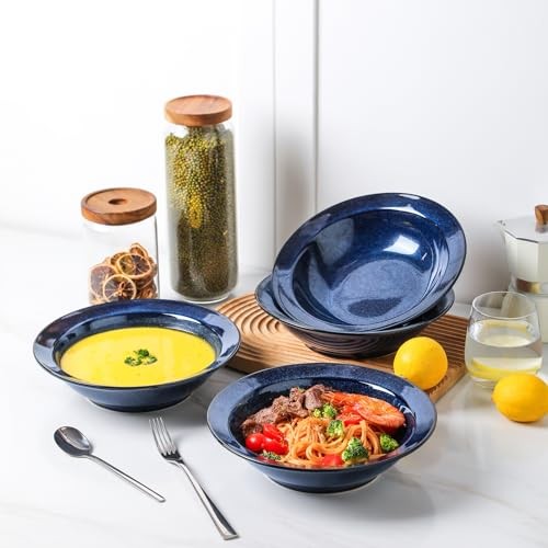 Wide Rim Soup Bowls - 27oz Ceramic Pasta Plates Bowl Set of 4 for Gumbo Salad - Picture 3 of 7