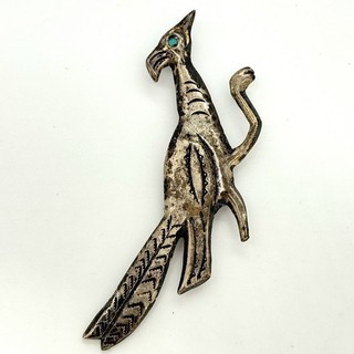Old Navajo Sterling Silver Turquoise Eye Road Runner Pin