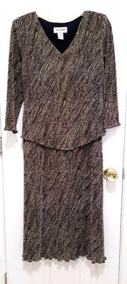 Connected Crinkle PLEATED Textured Dress 6 Small Brown Beige Ivory Black 3/4 Slv