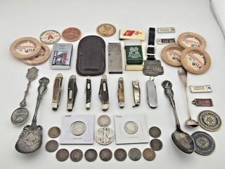 Vintage Junk Drawer Lot Knives Junk silver Indian Pennies Lighters and more