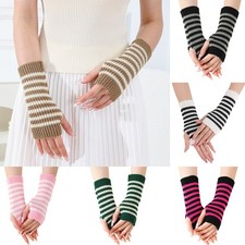 Striped Knit Long Fingerless Gloves Wrist Arm Warmer Sleeve Women Girls 21cm