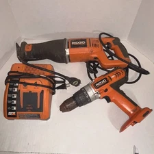 RIdgid Tool Lot for parts 18V Drill Corded Reciprocating Saw Charger Powers on