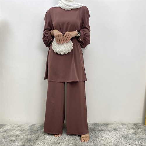 Fashion Muslim Women Abaya Tops Wide Leg Pant Set Kaftan Islamic Outfit 2pcs Set - Picture 41 of 53