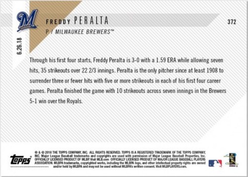 2018 Topps NOW MLB #372 Freddy Peralta Milwaukee Brewers RC Rookie SP # /462 - Picture 2 of 2