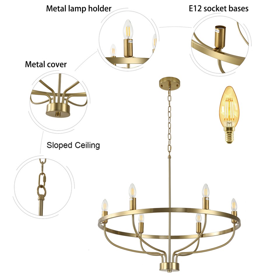 6 Light Gold Chandeliers, Candle Pendant Light，Modern Dining Room light