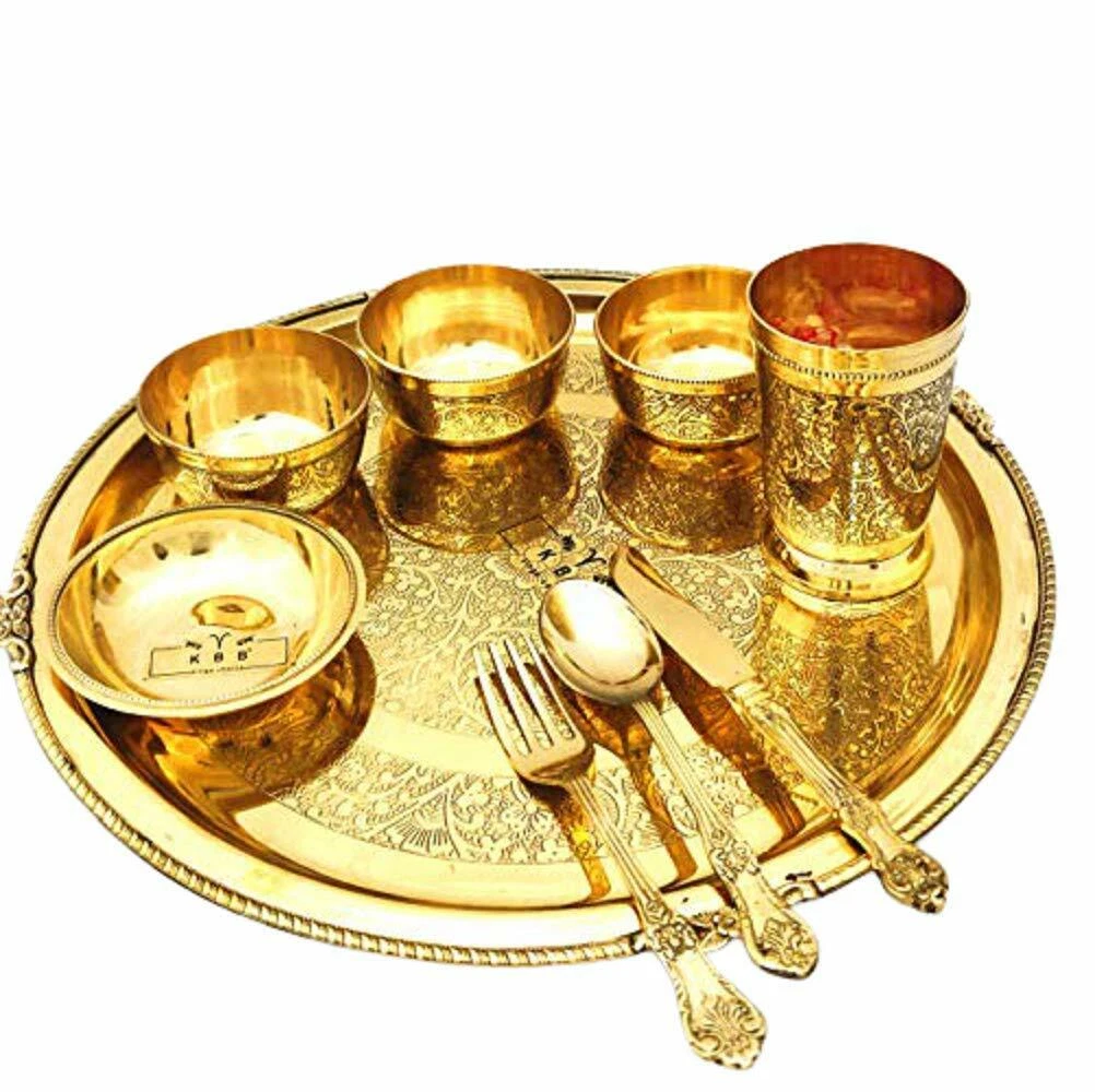 Luxury High Quality Brass THALI Dinner Set, MUGHAL Etching Design, 9 Pieces