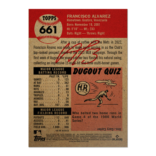 2023 Topps Living Set Card 661 Francisco Alvarez - Free Shipping Always! - Picture 2 of 2