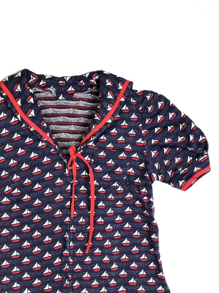 VTG 60s Knit Sailor Shirt Womens Small Sailboat Nautical Coverup Summer AOP J23 - Image 2 of 4