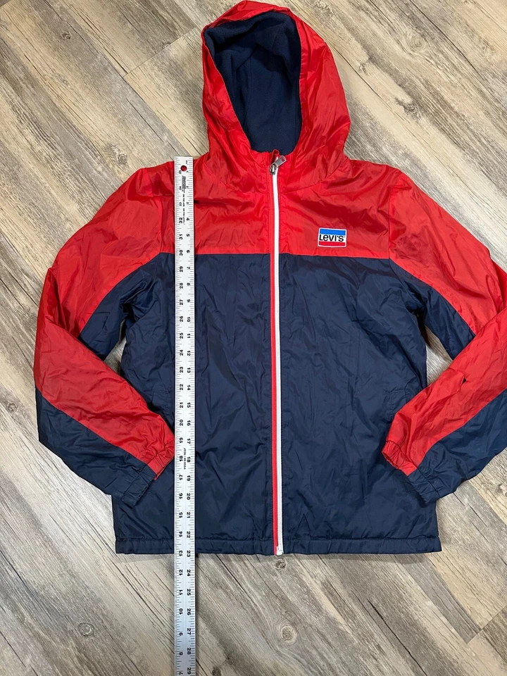 Levi’s Youth 16 Nylon Jacket Red Blue Hooded Chenille Patch A176 CM Flaw READ - Image 2 of 4