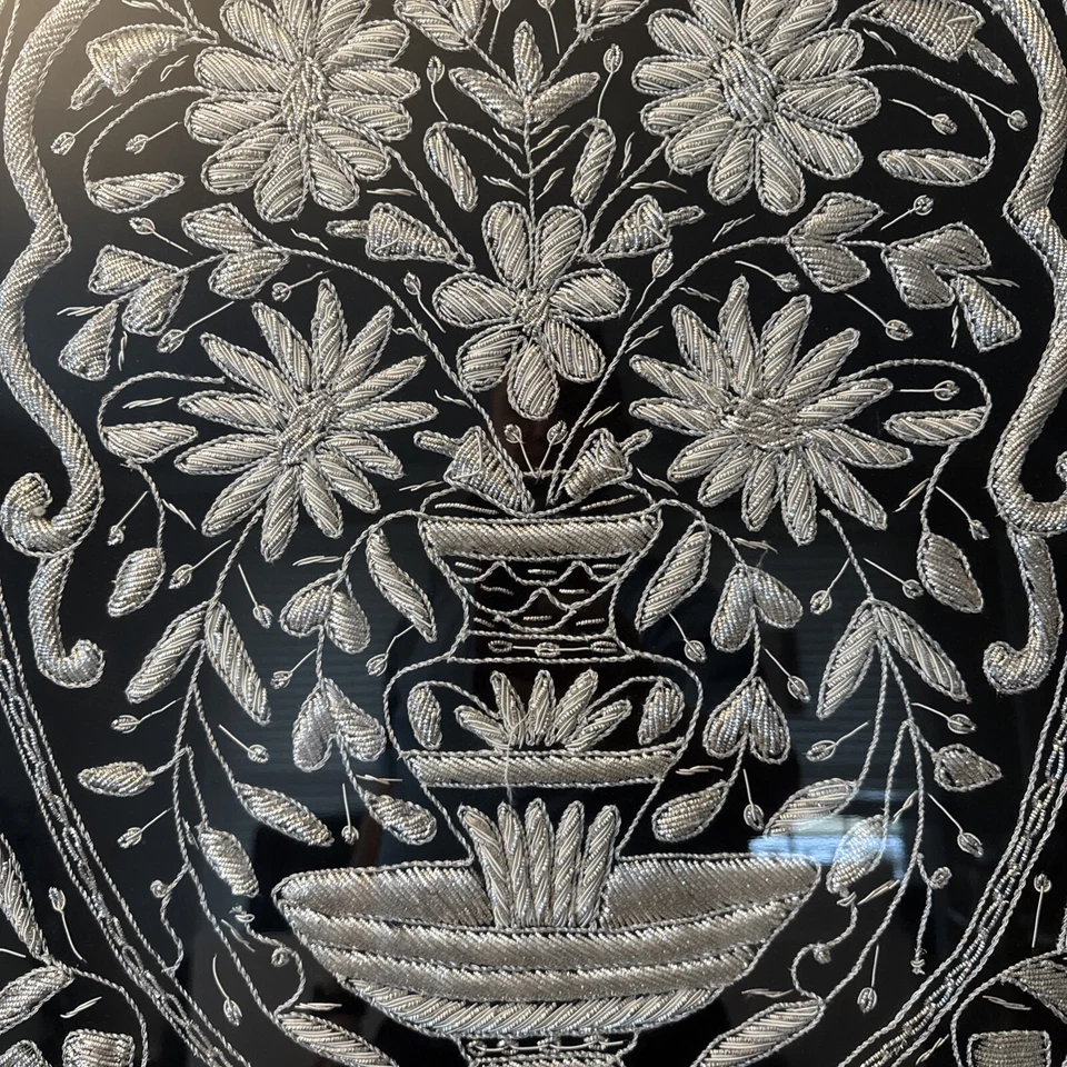 Fuente de plata real con flor hecha a mano Cachemira Zari ¡Impresionante! 21”X31” Foto 3 de 4