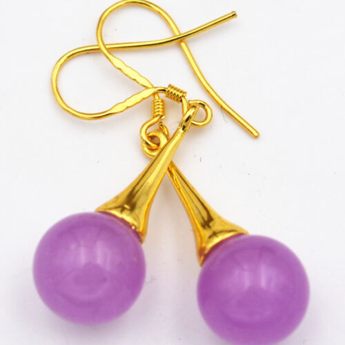 Beautiful Natural Purple redjade Gemstone 925 Silver Gold-plated/Dangle Earrings - Picture 3 of 4