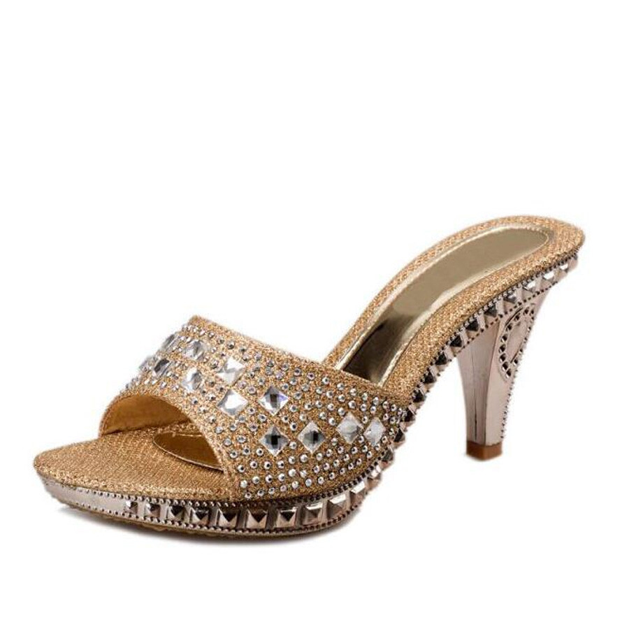 Women Rhinestone High Heel Sandals Platform Slippers Pumps-image