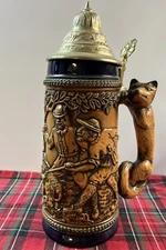 Vintage Gerz West Germany Fox Handle Lidded Beer Stein Boar Hunt 9-1/2" Tall