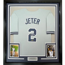 Framed Facsimile Autographed Derek Jeter 33x42 Grey Reprint Laser Auto Jersey