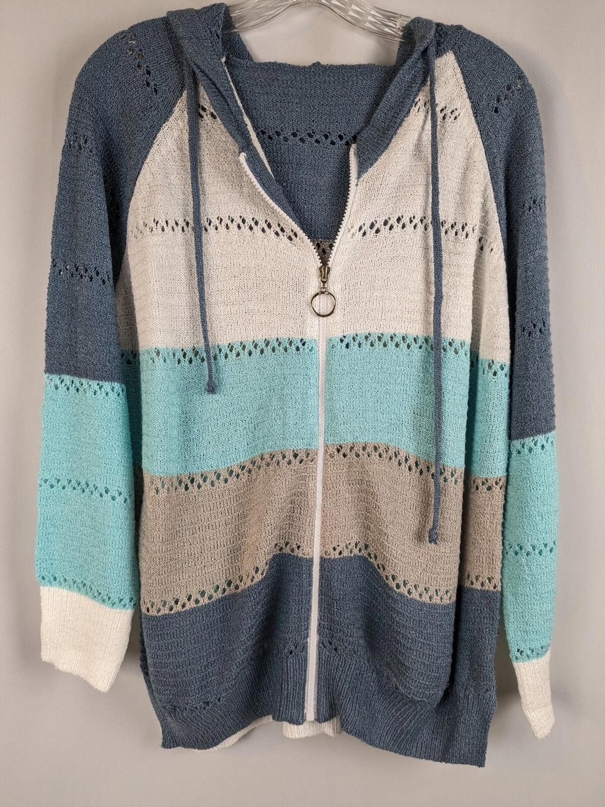 Women's Knit Hoodie Sweater Color Block Lightweight ZIP Up Drawing Sweater XL