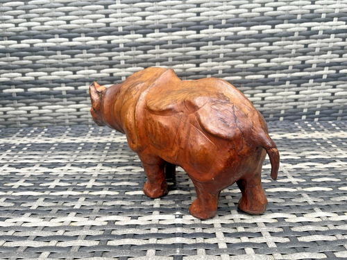VINTAGE 60er JAHRE LEDERFELL BOLSTER HOLZ NASHORN NASHORN ZOO TIER ORNAMENT - Bild 11 von 15