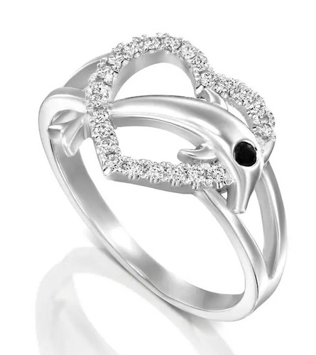 0.44ct Diamante Natural 14k Bis Contraste Oro Blanco Negro Onix Corazón Pez Ring - Imagen 5 de 7