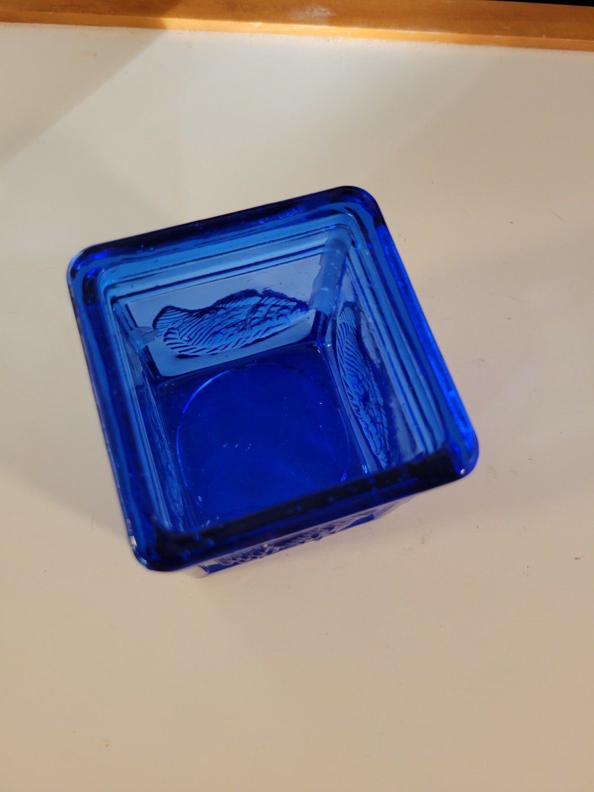 Vintage Cobalt Blue Votive Candle Holder Square Pressed Glass Embossed