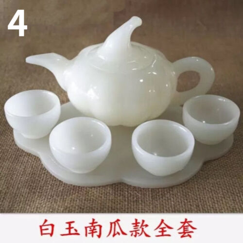 A Set of 5 Pieces White Jade Stone Tea Set Kung Fu Teapot Home Decor Jade Pot - Picture 4 of 5