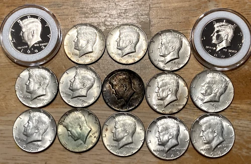 13 Coins - 40% Silver Kennedy's Half Dollars Unc + 2 Proof Non-Silver Clad