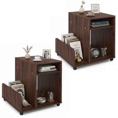 2PCS Rolling End Table w/Side Storage Rack 4 Universal Wheels 2 Lockable Wheels