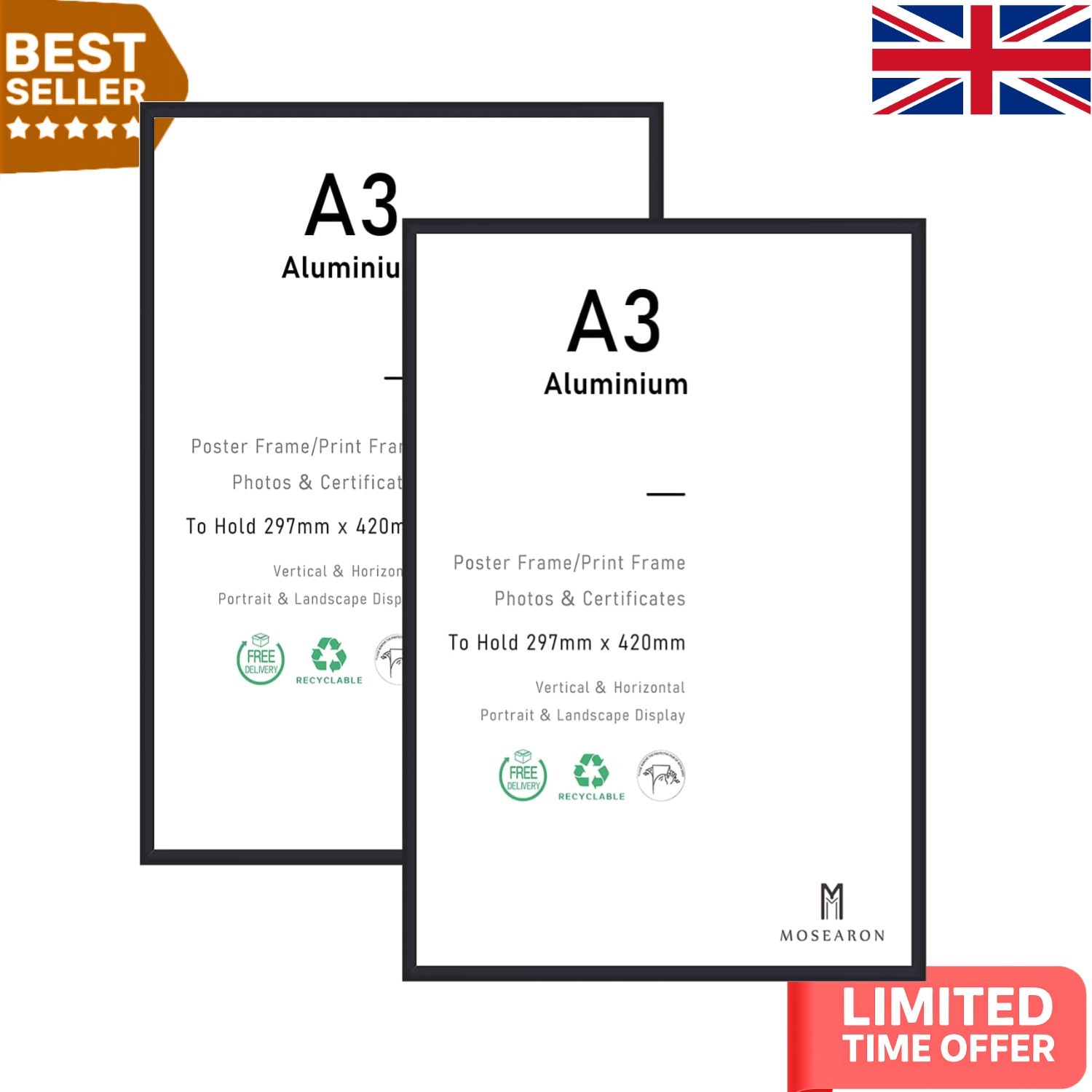 Exquisite A3 Certificate Frames - Black Aluminium with Plexiglass, Set of 2