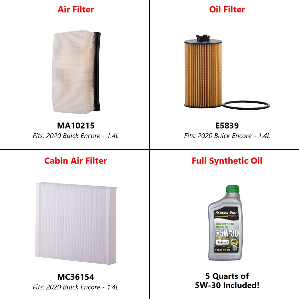 Fits: 2020 Buick Encore 1.4L Complete Oil, Air & Cabin Filter Kit (5W-30) Foto 2 de 4